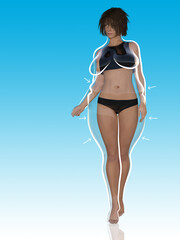 Conceptual fat overweight obese female vs slim fit healthy body after weight loss or diet with white outline and pointing arrows on blue. A  fitness, nutrition or obesity, health shape 3D illustration