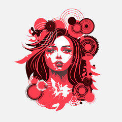 Pop art girl with bizarre circles, face, red color, silhouette