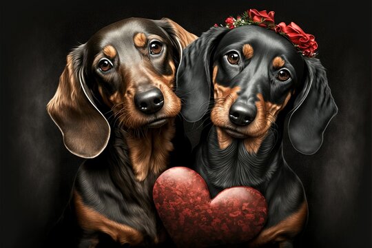 Couple Love Of Dachshund Dogs With Little Heart For Valentine Day Generative Ai