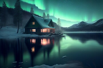 Fototapeta premium aurora borealis house with lake made with generative ai, winter, ray tracing, northern light