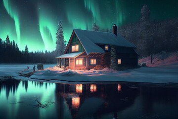 aurora borealis house, lake made with generative ai, winter, ray tracing, nature