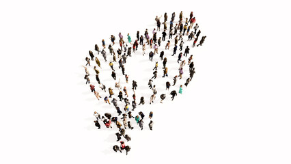 Concept or conceptual large gathering  of people forming the image of the gender signs on black background. A 3d illustration metaphor for heterosexual relationships, couples, romance and family