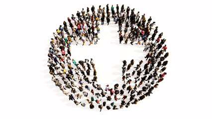 Concept or conceptual large gathering  of people forming a cross sign on white backround. A 3d illustration metaphor for medical care, assistance, emergency, doctor, pharmacy or  hospital