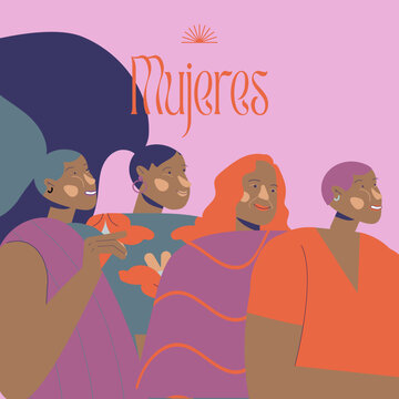 Ilustraci&oacute;n vector grupo de rostros de mujeres multiculturales y multi&eacute;tnicas latinoamericanas morenas. Concepto de igualdad de genero. 8 de marzo, d&iacute;a de la mujer. Poder femenino.