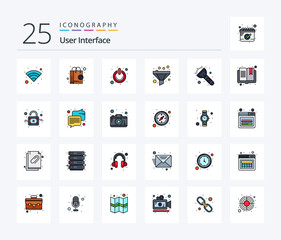 User Interface 25 Line Filled icon pack including torch. flash. off. sort. filter