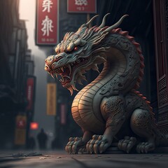 Fototapeta premium Chinese Dragon Statue Coming To Life To Protect Chinese Shop