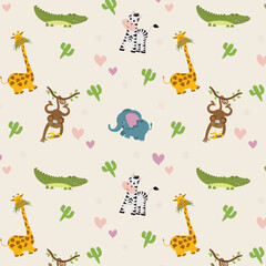 Seamless jungle pattern with cute hand drawn animals. like giraffe, crocodile, zebra, monkey and elephant. Creative kids design for fabric, wrapping, textile, wallpaper, apparel. Vector illustration © Nadia Bolotnikova