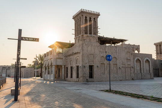 Traditional Arabic streets in historical Al Fahidi district, Al Bastakiya. Dubai, United Arab Emirates. Old Dubai.