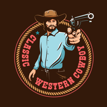 Retro western badge - Cowboy aiming a pistol. Wild west vintage emblem with gunfighter. Vector illustration