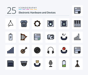 Devices 25 Line Filled icon pack including hard. disk. device. tambourine. music