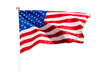 Photography of an American US flag on a pole isolated on transparent or white background, July  4, Memorial day, Veterans day, cut out png file