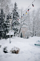 New Year's decorations in a snowy forest