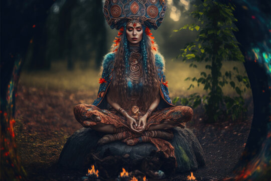 Female shaman connecting to the divine spirit