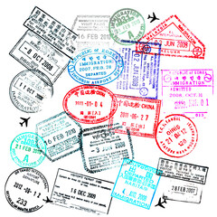 Passport visas stamps on transparent background, travel collage - 562476747