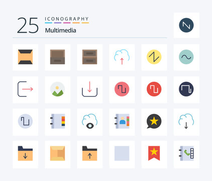 Multimedia 25 Flat Color icon pack including logout. sound. multimedia. sine. triangle