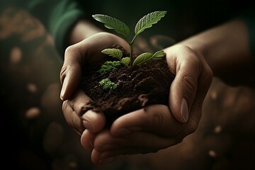 hands holding a little plant growing on soil with blurred background