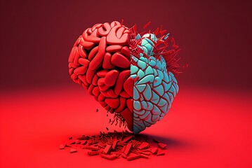 a 3d illustration of a heart versus brain while they are self destroying