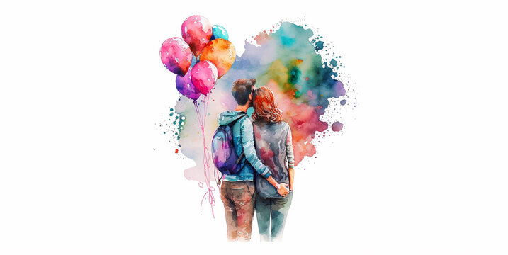 Couple in love hugging and kissing, Watercolor illustration of kissing and hugging couple surrounded by balloons, hearts. Romantic date. Young love Valentine's day. Ai Generated.