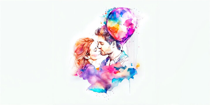 Couple in love hugging and kissing, Watercolor illustration of kissing and hugging couple surrounded by balloons, hearts. Romantic date. Young love Valentine's day. Ai Generated.