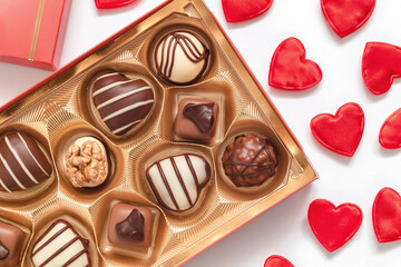 Box with chocolate pralines and red heart decoration for Valentine's Day on a white background.