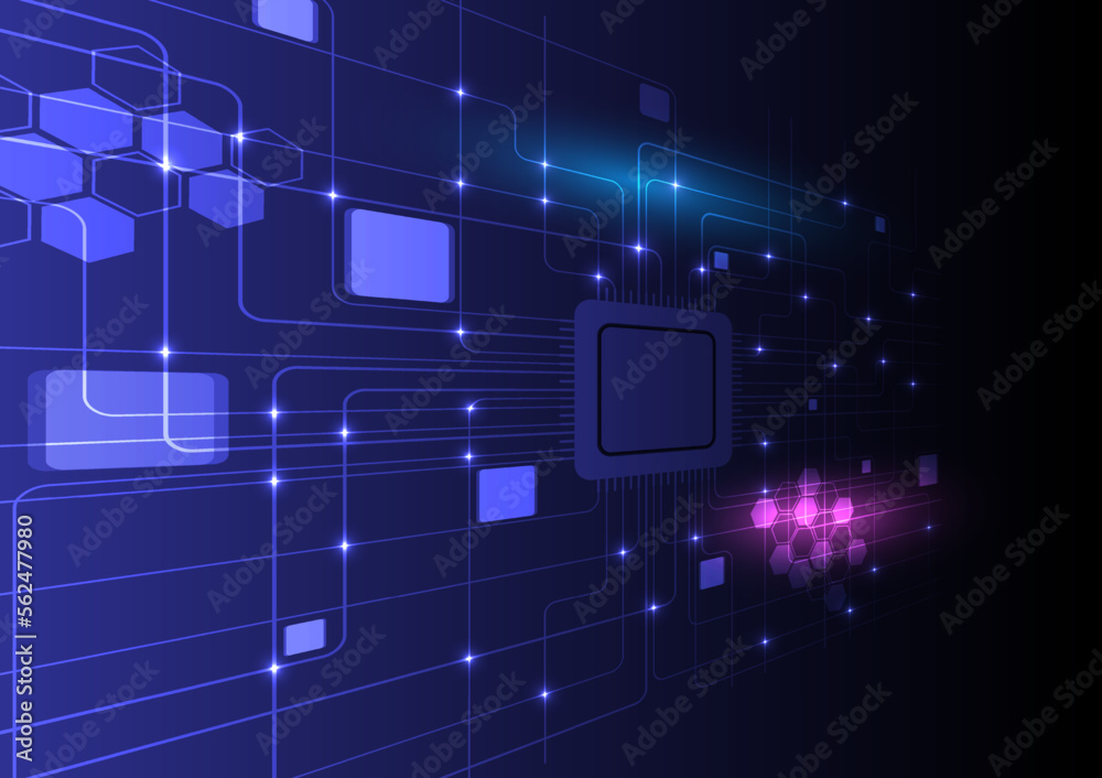 Poster abstract background hi-tech microchip perspective angle with circuit lines, hexagons and squares. lu