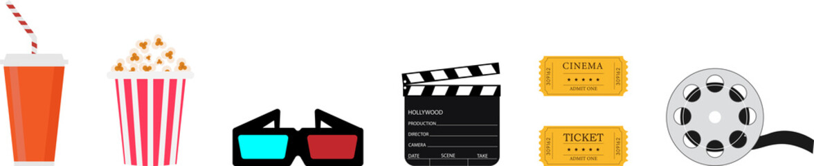 Obraz premium Collection of vector illustrations on the theme of cinema. Packaging from a popcorn box, a large spool. A flapping board. Flat design style. Tickets. Isolated.