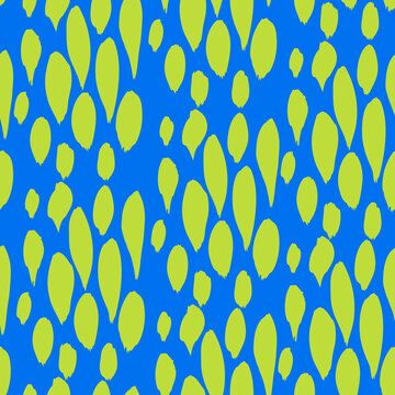 Seamless pattern from abstract textured brush long and short salad green strokes on blue background