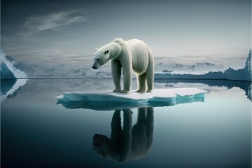 Polar bear standing on a shrinking ice cap, concept of climate change, climate warming, created with Generative AI technology