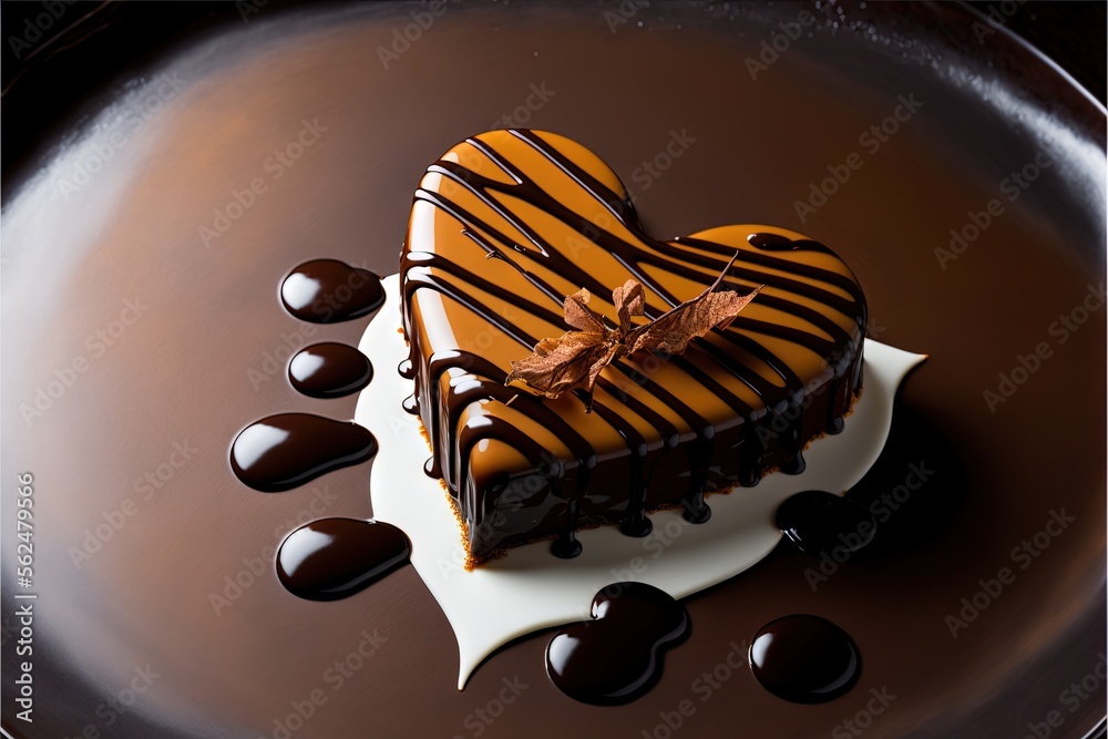 Sticker a heart shaped cake with chocolate sauce and a bow on top of it on a plate with chocolate drops arou