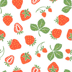 Seamless pattern with red strawberries. Decorative berries and leaves.