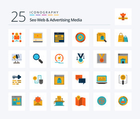 Seo Web And Advertising Media 25 Flat Color icon pack including settings. tech. audio. seo. data