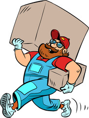 Man delivery courier, loader. A bearded man with a big box. Shopping and Ordering Online Trading