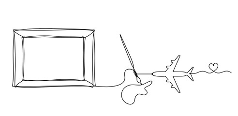 Abstract  tassel and picture with plane as line drawing on white background. Vector