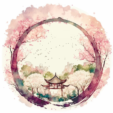 Watercolor vector scenic landscape of sakura blossoms in a Japanese park decorated in a circle. Image created neural networks.