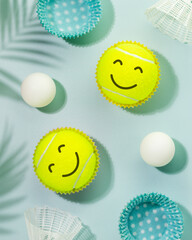 Summer sport activities and healthy lifestyle with tennis balls with smile faces, table tennis balls and shuttlecocks on blue background with palm shadows. Tennis, table tennis, badminton