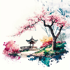 Watercolor vector landscape of cherry blossoms in japanese park. Image created neural networks.