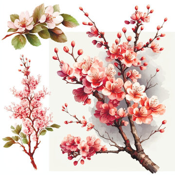 Collection of сherry blossom flowers and branches in vector watercolor style