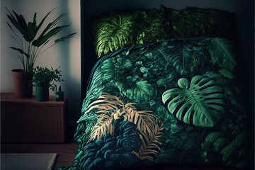 beautiful bedding   with big leaf pattern