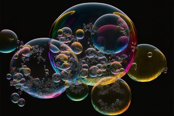  a group of soap bubbles floating in the air on a black background with bubbles floating in the air and on the ground, all of which are bubbles are floating in different colors, and. Generative AI