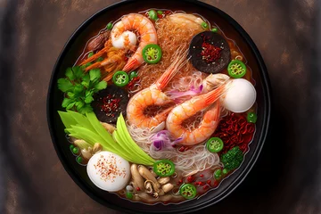 Deurstickers Shrimp, pig, squid, and boiling vermicelli are combined in a spicy glass noodle salad with chili sauce Yum Woon Sen. a top view. Generative AI © Vusal
