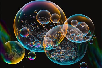  a group of soap bubbles floating in the air with a black background and a rainbow hued sky in the background with a black background and a black border with a white border with a. Generative AI
