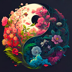 Yin yang design with beautiful flowers. Perfect harmony. Ai illustration, fantasy digital painting , artificial intelligence artwork  - obrazy, fototapety, plakaty