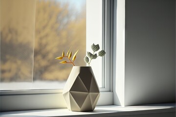  a vase with a plant in it sitting on a window sill next to a window sill with a tree outside of it and a window behind it, with a sun shining through. Generative AI