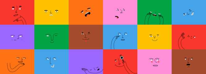 Diverse people face doing funny hand gesture and emotion. Colorful avatar design set, modern flat cartoon character collection in simple doodle art style for psychology concept or social reaction.  - obrazy, fototapety, plakaty