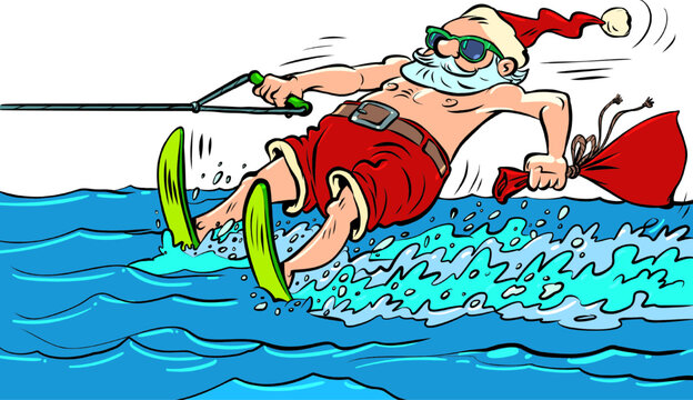 Santa Claus relaxing at a seaside resort. Man water skiing. New Year and Christmas