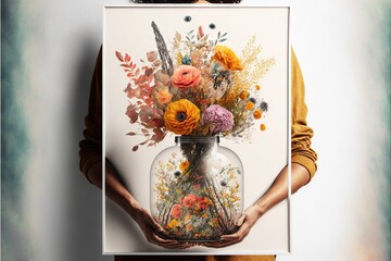  a person holding a vase with flowers in it and a bird on it's back, with a white background and a white background behind it, with a person holding a white frame. Generative AI