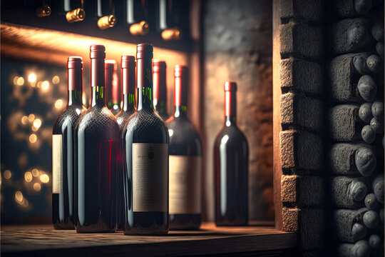 Red wine bottles Wine Cellar of a Winery  - Generative AI