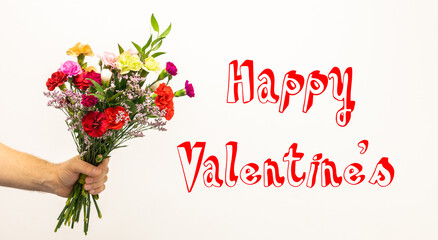 Banner with flowers handed by the boyfriend, White background, inscription Valentine's day