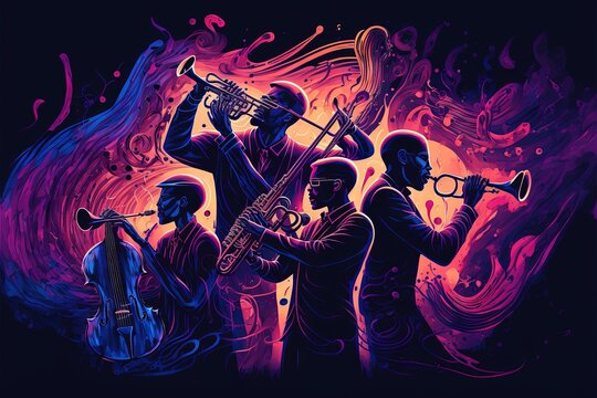  a group of men playing instruments in front of a purple background with a splash of paint on it and a pink and purple background with a splash of blue and red hued out of. Generative AI