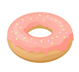 Donut with sprinkles and pink glaze. Yellow, pink. Vector illustration